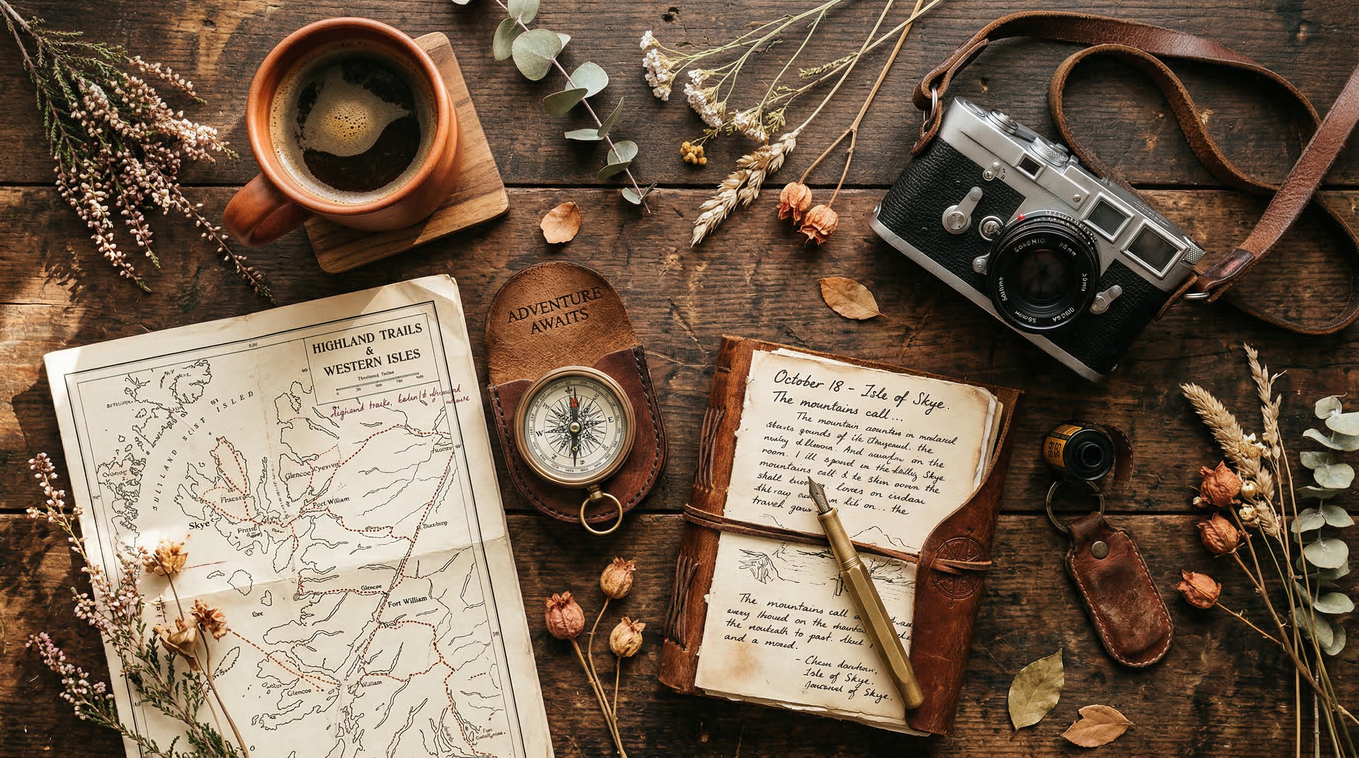 Exploration essentials on wooden table